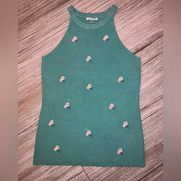 Green Vila Milano Top with Embroidered Pink Flowers - Picture 2 of 3